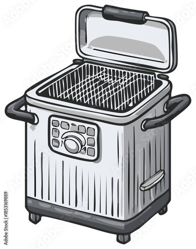 Illustration of a Deep Fryer with Open Lid and Control Panel View