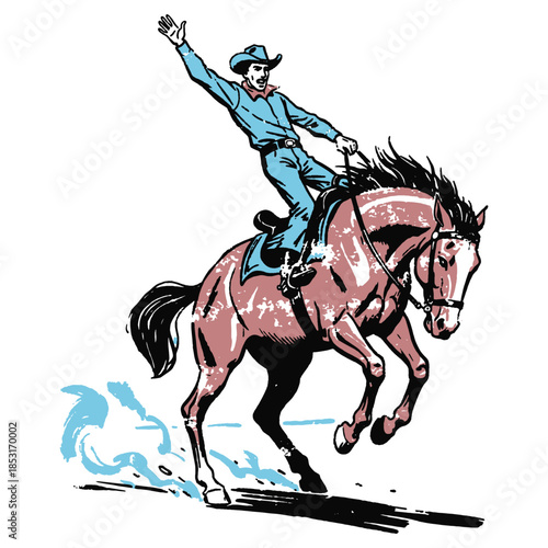 Dynamic Vintage Cowboy Riding Bucking Horse Illustration. Retro Western Rodeo Bronc Rider Line Art Graphic.