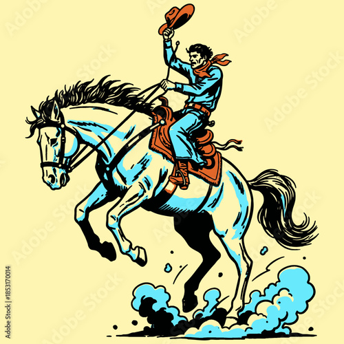 Vintage Rodeo Cowboy Riding Bucking Horse Graphic. Retro Western Mascot Illustration on White Background.