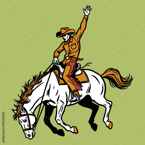 Retro Cowboy Riding Bucking Bronc Horse Illustration. Vintage Rodeo Mascot Logo Graphic Design