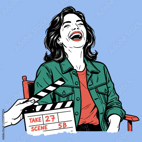 Hilarious Take: Pop Art Illustration of Actress Laughing on Film Set with Clapperboard (Take 27, Scene 5B)