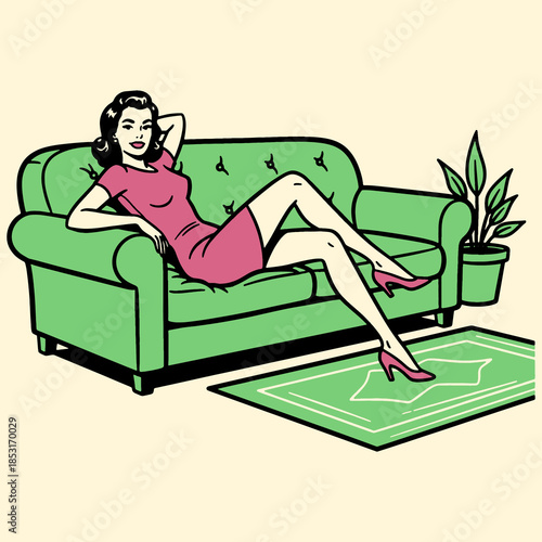Retro Pop Art Woman Relaxing on Green Sofa. Vintage 1950s . Illustration of Leisure and Comfort.