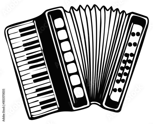 Black and White Illustration of Accordion Musical Instrument with Keyboard and Bellows