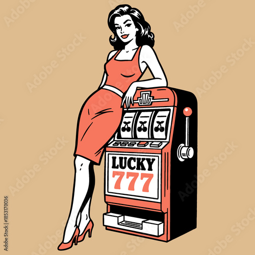 Retro Pop Art  Woman with Slot Machine | Lucky 777 Casino Gambling Vector Illustration