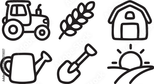 Black outline farm icons tractor barn wheat watering can shovel sunrise landscape vector