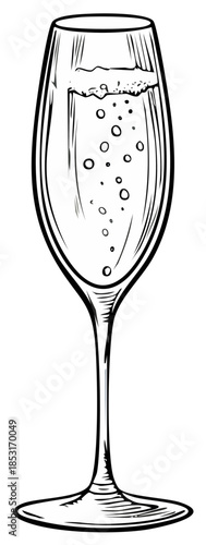 Sketch of effervescent champagne in a tall flute glass with rising bubbles