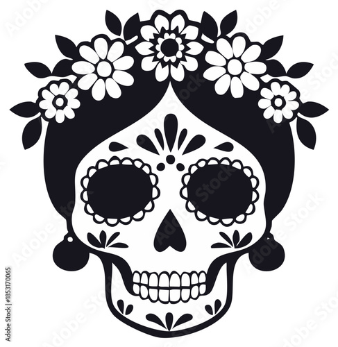 Intricate Black and White Sugar Skull with Floral Headdress and Decorative Elements