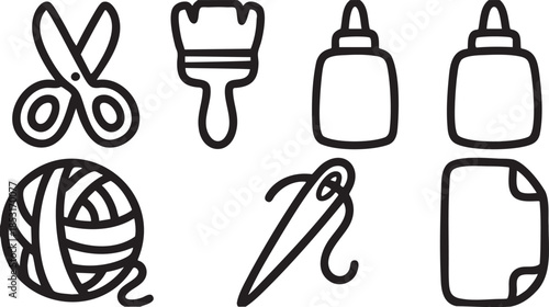 Black outline craft supplies scissors paintbrush glue yarn needle paper icons vector