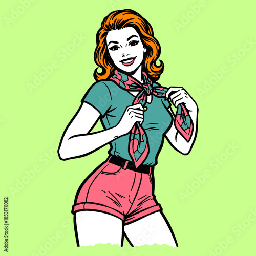 Retro Pop Art Woman in Summer Fashion. Vintage Comic Book Style Illustration of a Smiling Redhead Girl in Pink Shorts and Scarf.