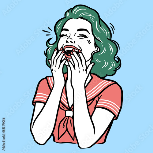 Retro Pop Art Woman Laughing Hysterically. Vintage Comic Book Style Vector Illustration of Joyful Girl with Green Hair and Sailor Top.