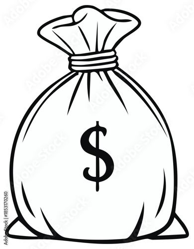Simple line art drawing of a cartoon money bag with a dollar sign symbol of wealth and finance