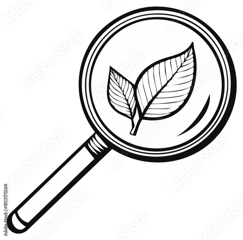 Magnifying glass focuses on two delicate leaves suggesting botanical research or nature discovery