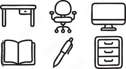 Black outline icons of office desk chair computer monitor open book pen and filing cabinet vector