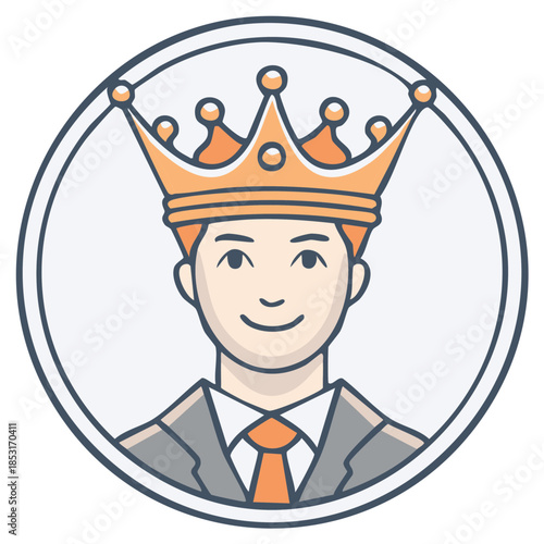 Illustration of a Man Wearing a Crown and a Suit in a Circle Border for Business and Leadership Concepts