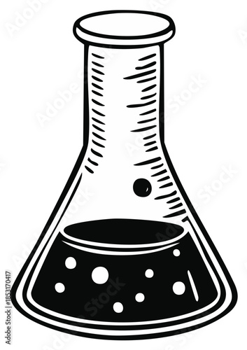 Erlenmeyer flask with black liquid and bubbles illustration. Laboratory glassware symbol for chemistry or science.