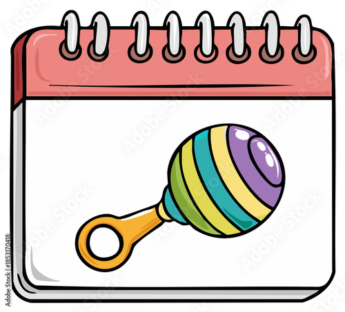 Cartoon calendar page with baby rattle. Concept for pregnancy, birth, baby shower event.