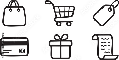 Black outline icons of shopping bag cart tag credit card gift box and receipt vector