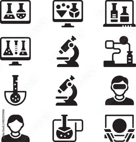 Science laboratory, chemistry flask, medical research, microscope biology, scientist avatar, experiment test, technology education, biotechnology tube