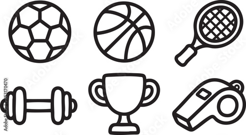 Black outline icons of soccer ball basketball tennis racket dumbbell trophy whistle vector