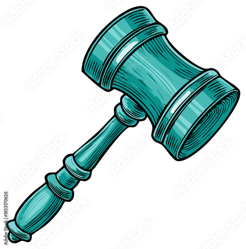 Vibrant turquoise judge gavel illustration for law and auction