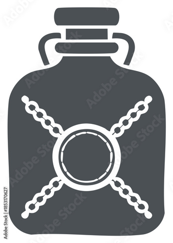 Dark grey stylized flask icon with ornate chains crossing over a central circular emblem design