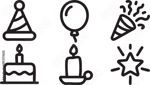 Black outline party icons including hat balloon cake candle confetti and star celebration birthday