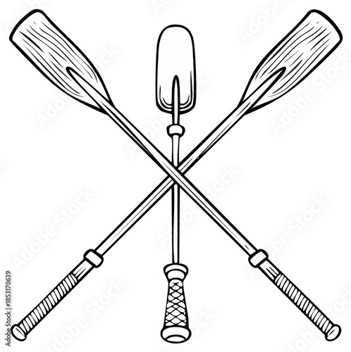 Vector illustration of two crossed oars with a garden trowel in the center ideal for outdoor activity, boating, and gardening concepts