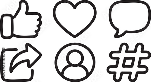 Black outline social media icons like thumb up heart share user hashtag white