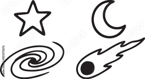 Black outline star crescent moon spiral galaxy and comet on white background vector