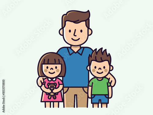 Illustration of a father with his two children, a boy and a girl
