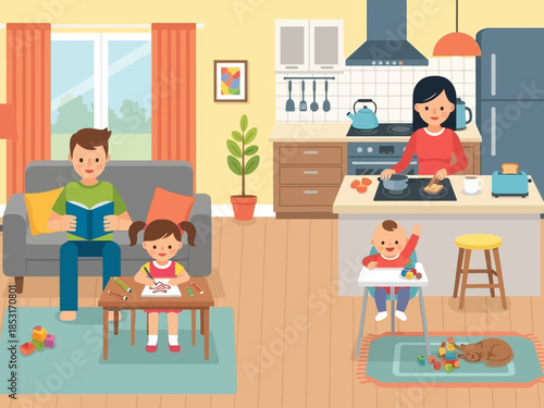 Happy Family Life Cozy Home Interior with Parents, Children, and Pets