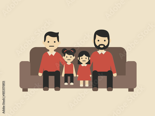 Modern Family Portrait Two Fathers with Their Daughters on a Couch