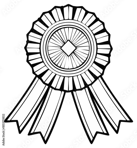 Award ribbon illustration in black and white, rosette with ribbon streamers.