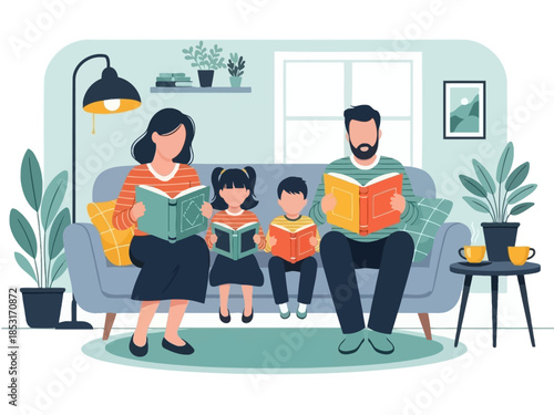 Family Reading Time A Cozy Illustration of Parents and Children Enjoying Books Together