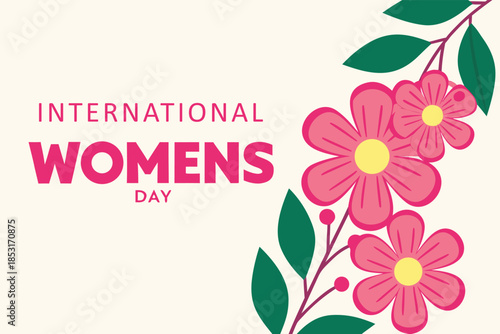 International women's day illustration with decorative flowers and green foliage
