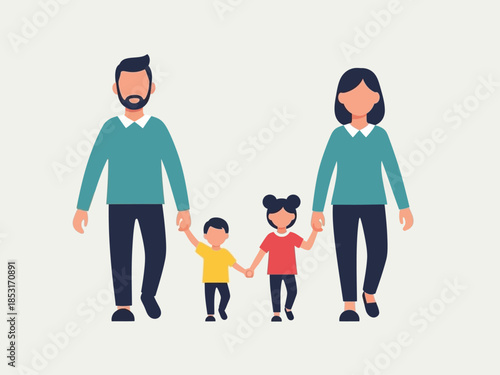Family Illustration Parents Holding Hands with Their Children