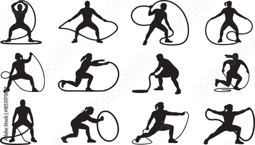 Silhouette Collection of People Exercising with Battle Ropes and Hoops fitness exercise
