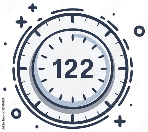 Stylized Clock Icon with Number 122 Inside, Timekeeping Illustration