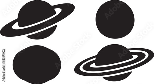 Four black vector icons of planets with rings and without rings space cosmos galaxy celestial