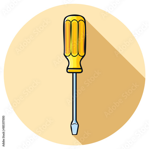 Cartoon illustration of a yellow flathead screwdriver on a tan circular background with shadow effect, tool for repair works