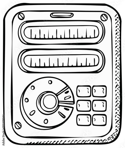 Vintage safe with dial and keypad drawing. Retro security vault.