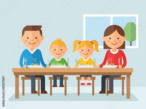 Family Meal A Vector Illustration of Parents and Children Enjoying a Meal Together