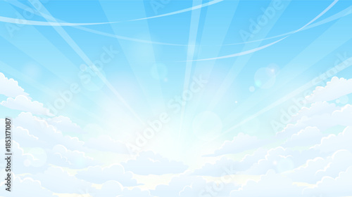 Blue sky with clouds and sun rays. Vector background illustration.