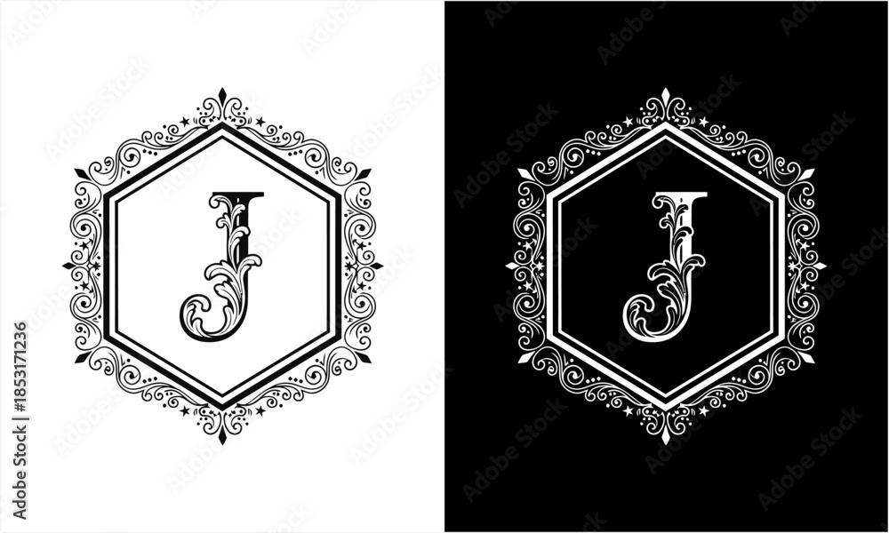 Fototapeta premium Elegant Letter J Monogram in Ornate Hexagonal Frame.