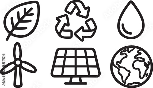 Set of six black outline icons representing environmental concepts leaf recycle water drop windmill solar panel earth