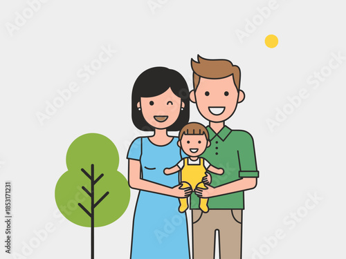 Happy Family Portrait Illustration with Parents and a Child enjoying outdoors creating enduring moments