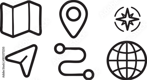 Set of six black outline icons representing travel and navigation concepts folded location vector