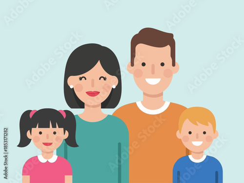 Happy Family Portrait Smiling Mother, Father, Daughter, and Son Together