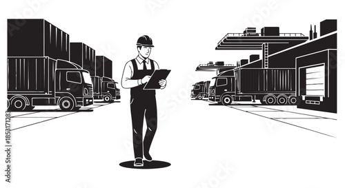 Logistics manager inspecting trucks at warehouse loading docks
