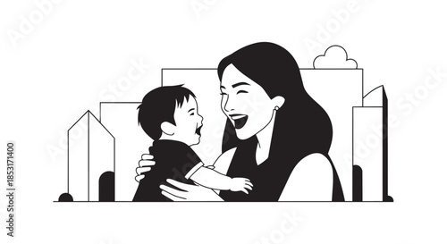 Joyful mother and baby embrace in urban setting illustration